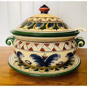 Hand Painted Vintage Soup Tureen Set with Lid Plate and Ladle Mediterranean